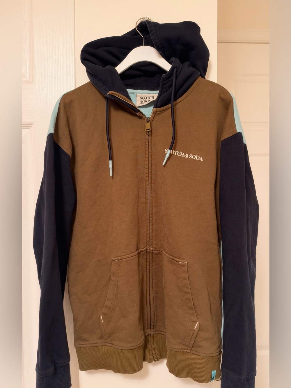 Scotch & Soda Colorblock Zip Up Hoodie Brown Navy Blue Men’s L
